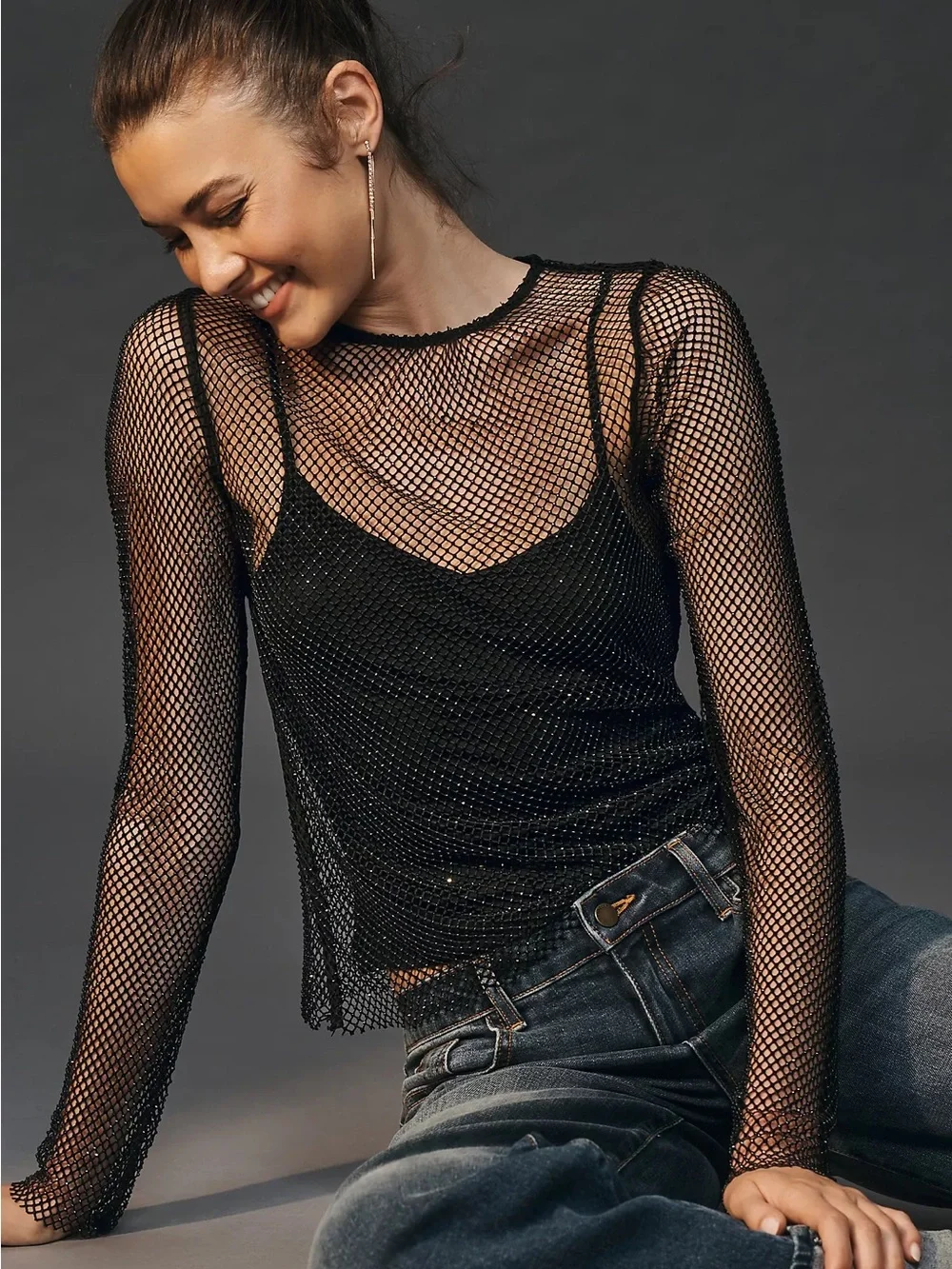 Anthropologie Black Beaded Mesh Top Long Sleeve Rhinestones Festival Y2K XXS